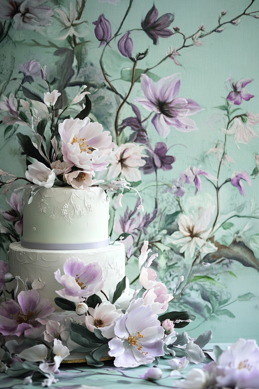 Wedding cake and stationery. Pastel floral print, ethereal lavender and mint colors.