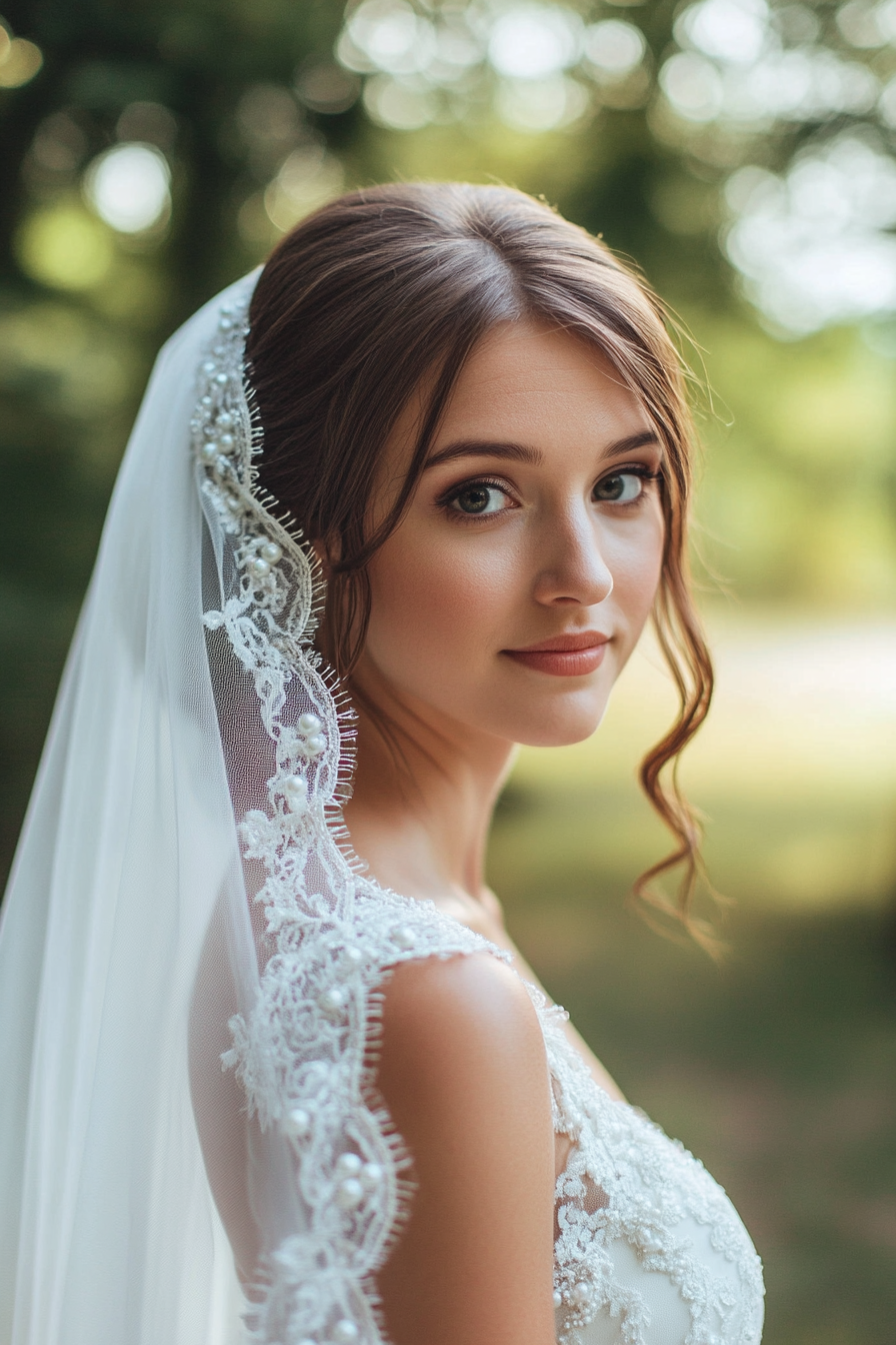 Cathedral length wedding veil. Pearl-dotted lace edges.