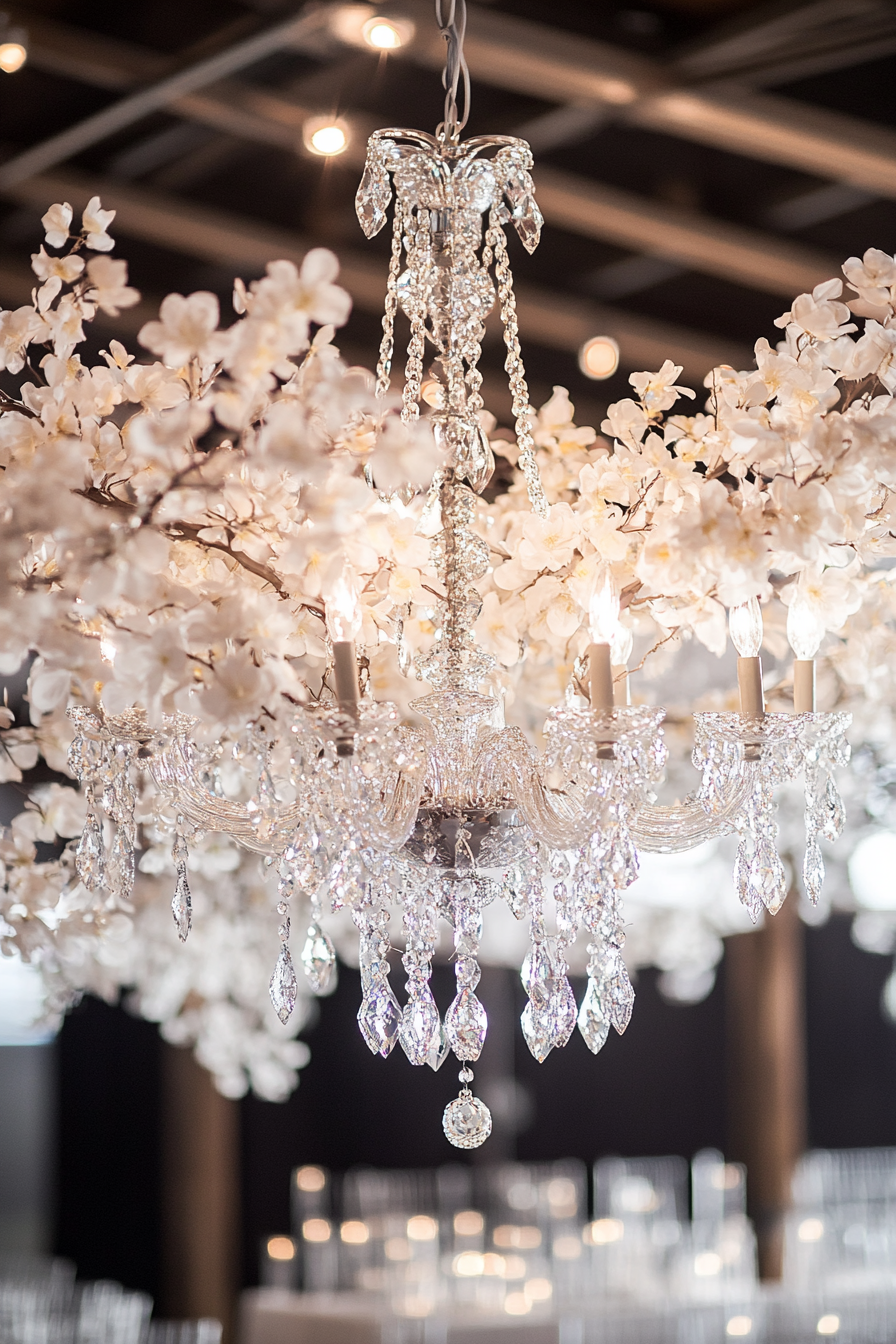 Wedding reception decor. Crystal chandelier entwined with white-flowered vine light canopy.