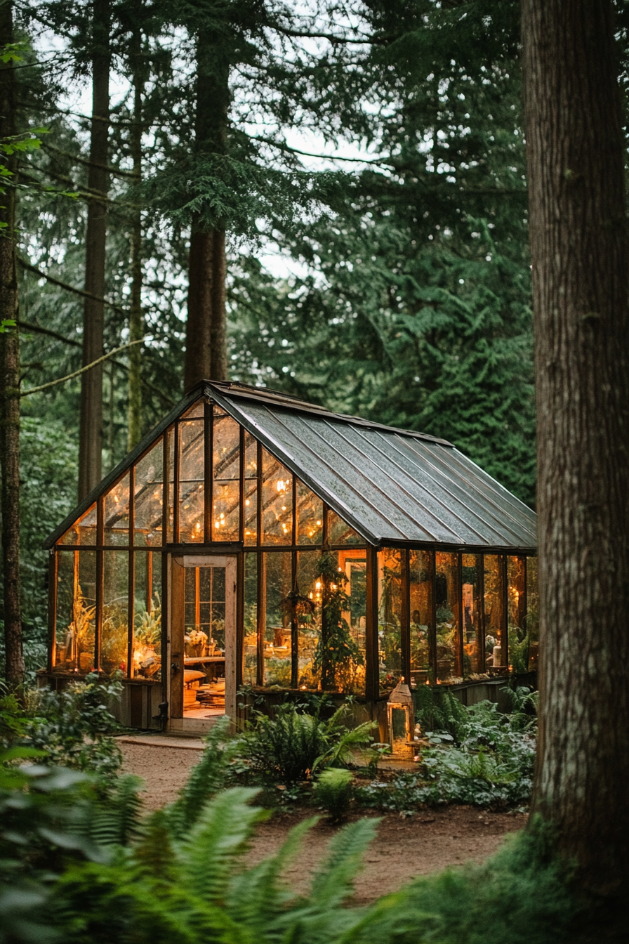 Small wedding venue concept. Glass-walled greenhouse surrounded by old growth forest.