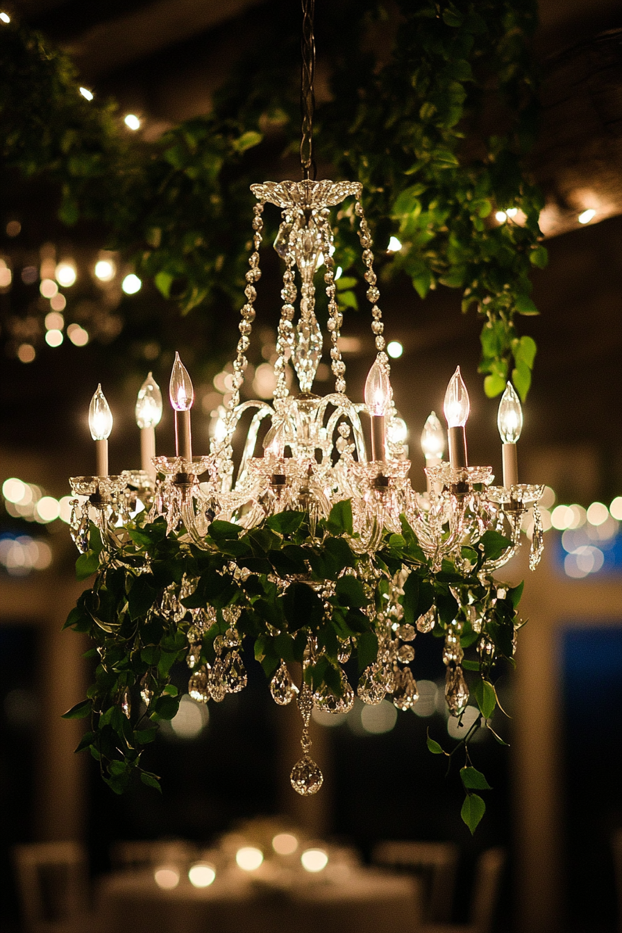 Wedding reception lighting. Crystal chandelier entwined with fresh ivy vine.