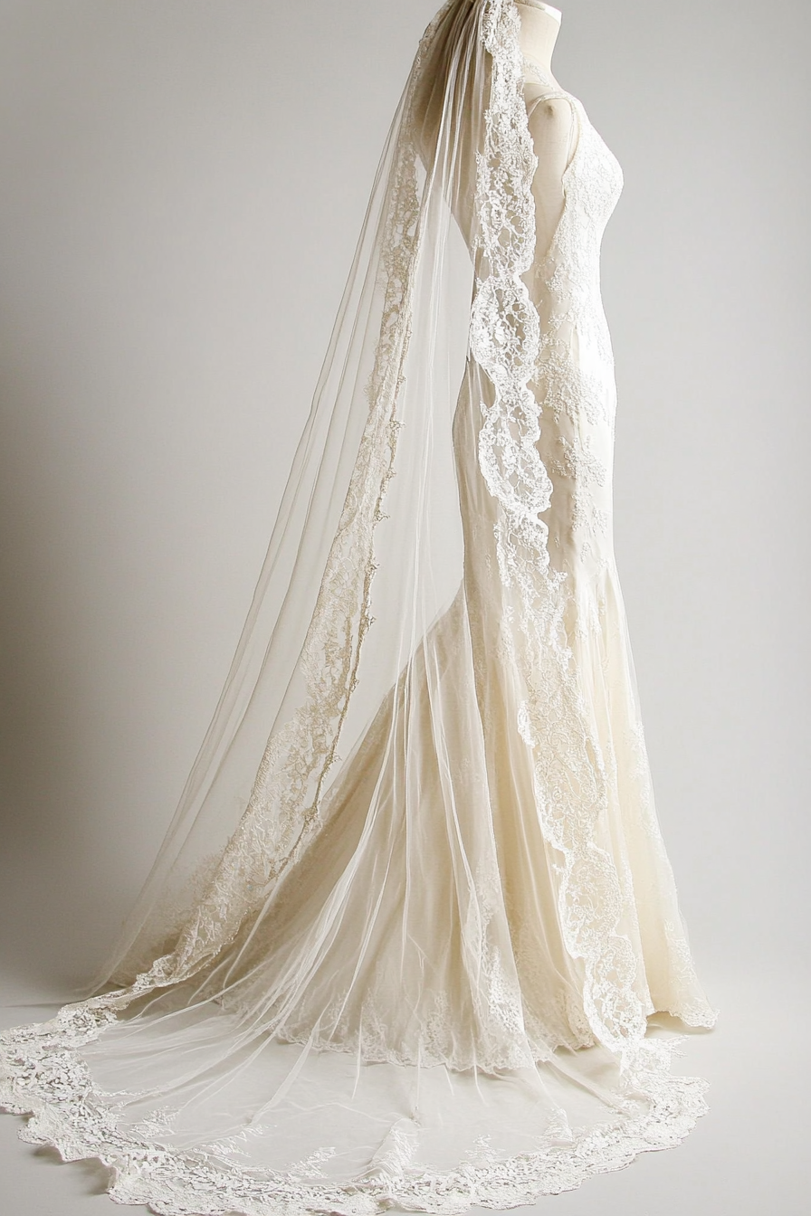 Cathedral length wedding veil. Ivory pearl dotted lace edges.