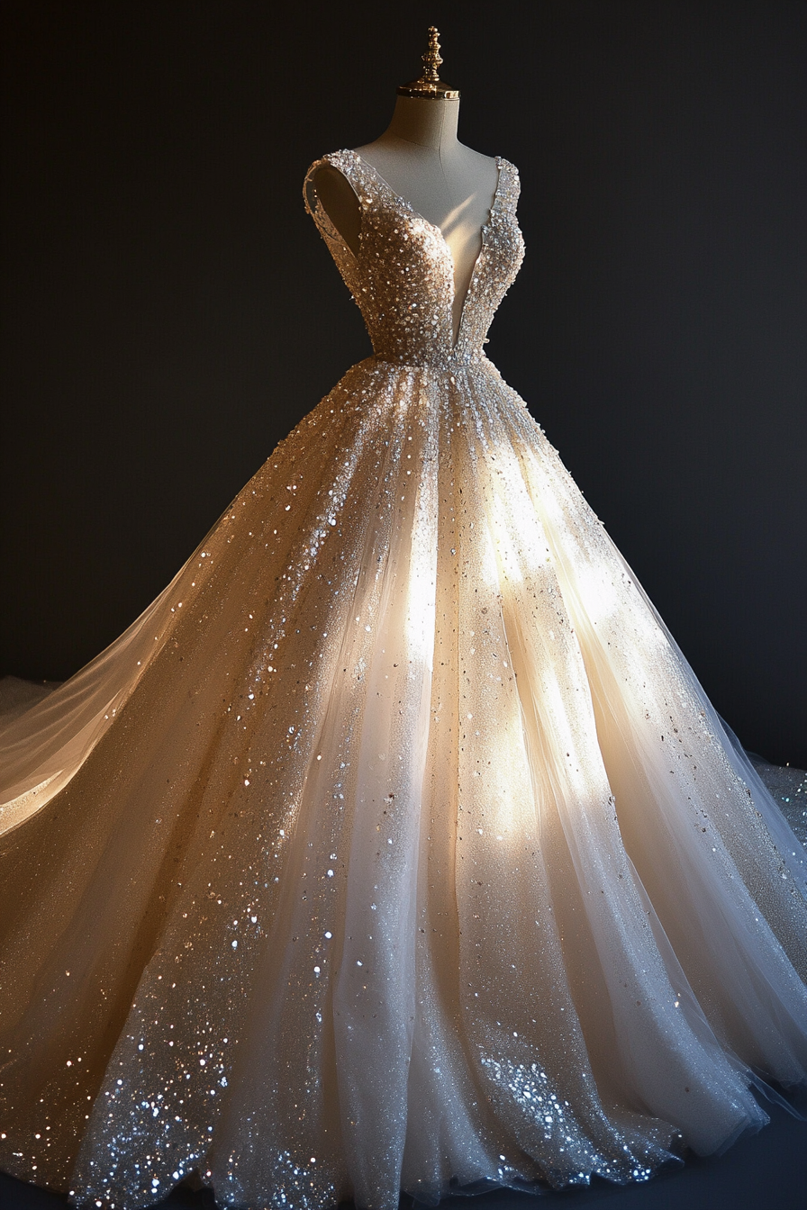 Wedding ballgown. Glittering tulle, crystal drapes, cathedral train.