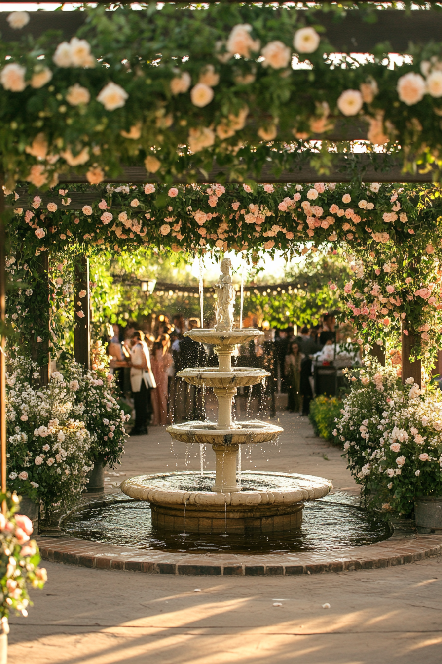 Wedding reception layout. Blooming pergola near a cherub-spouting fountain.