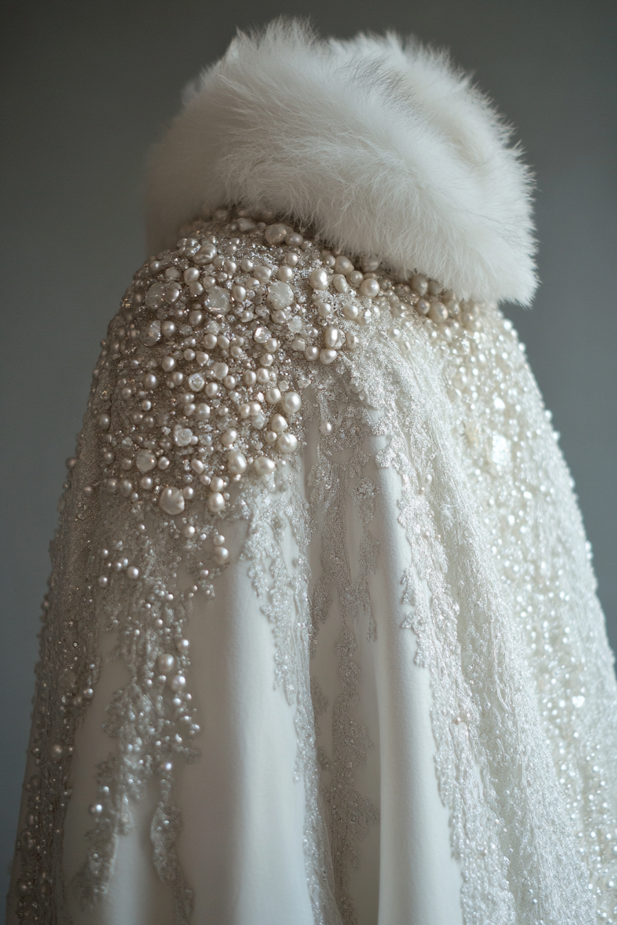 Wedding cape. Shimmering white with pearl-encrusted ice crystal details.