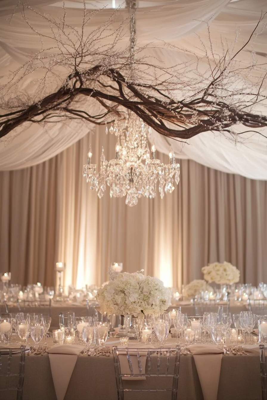 Wedding Reception Light Fixture. Hanging crystal chandelier with intertwined vine.