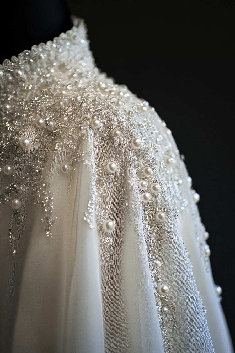 Wedding cape. Shimmering white fabric with pearl-encrusted ice crystal trimmings.