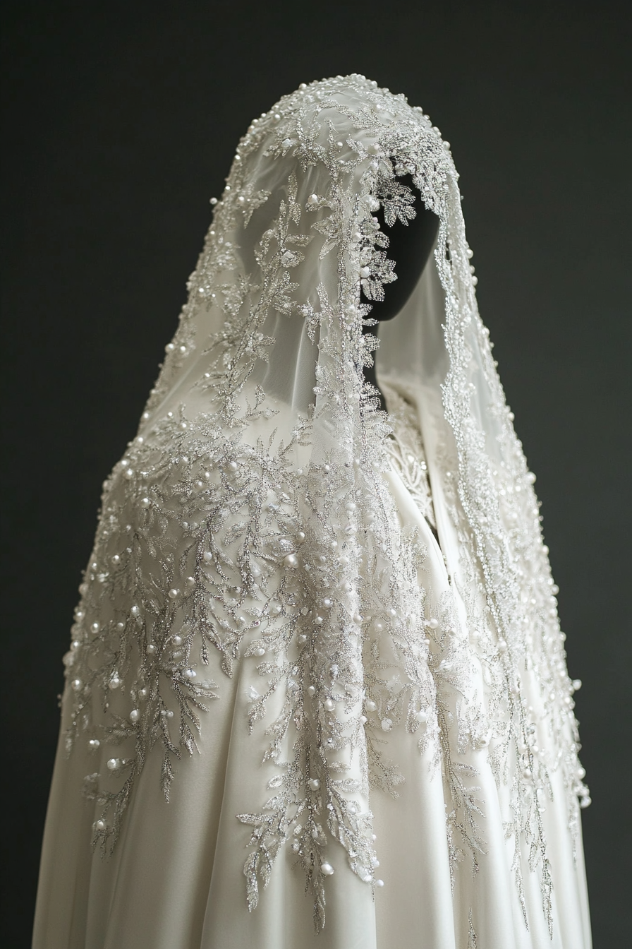 Wedding cape. Shimmering white, pearl-encrusted ice crystal embroidery.