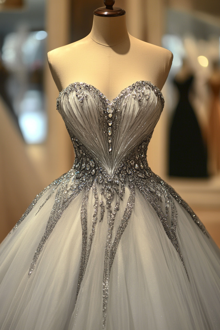 Wedding ballgown. Silver tulle, crystal draped bodice.