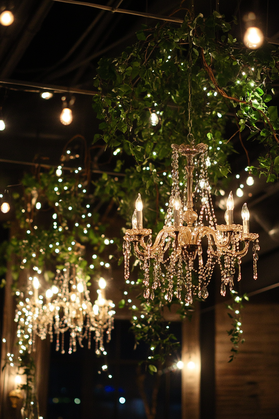 Wedding reception dècor. Antique crystal chandeliers and twisted vine canopies illuminated by soft white lights.