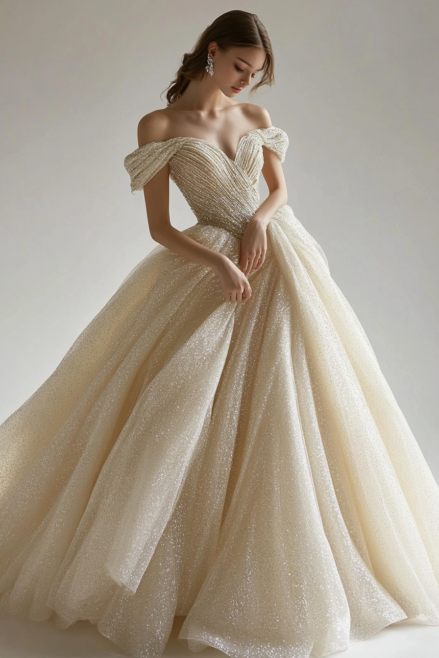 Wedding ballgown. Glittering tulle, voluminous skirt, crystal draped bodice.