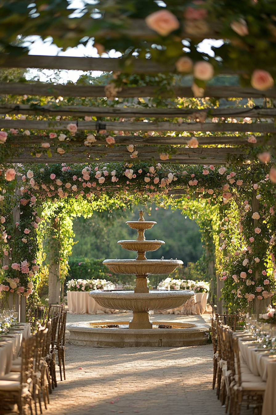 Wedding reception layout. Pergola adorned in roses with view of tiered stone fountain.