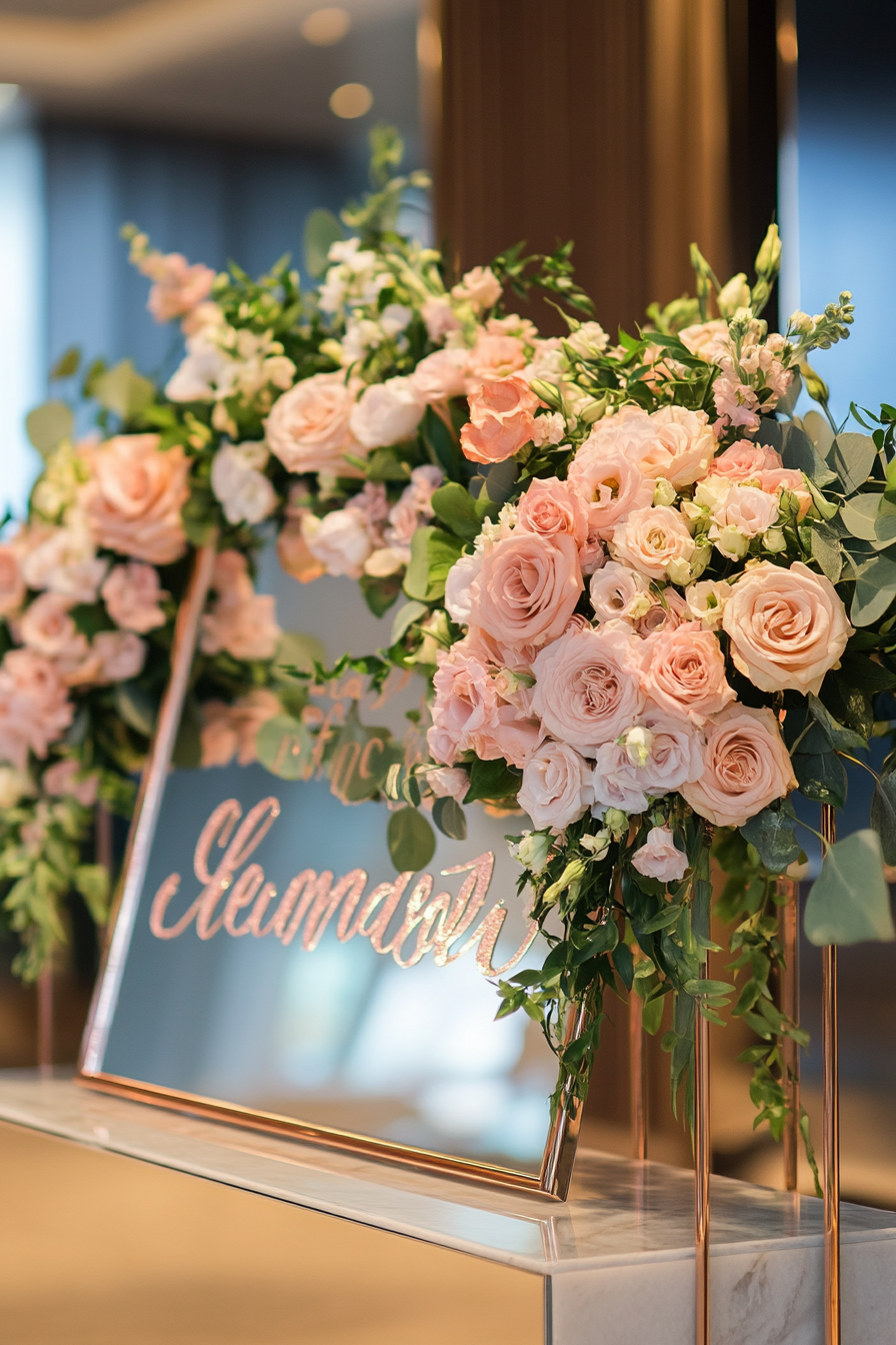 Wedding Welcome Mirror. Acrylic, rose gold lettering, jasmine floating frame.