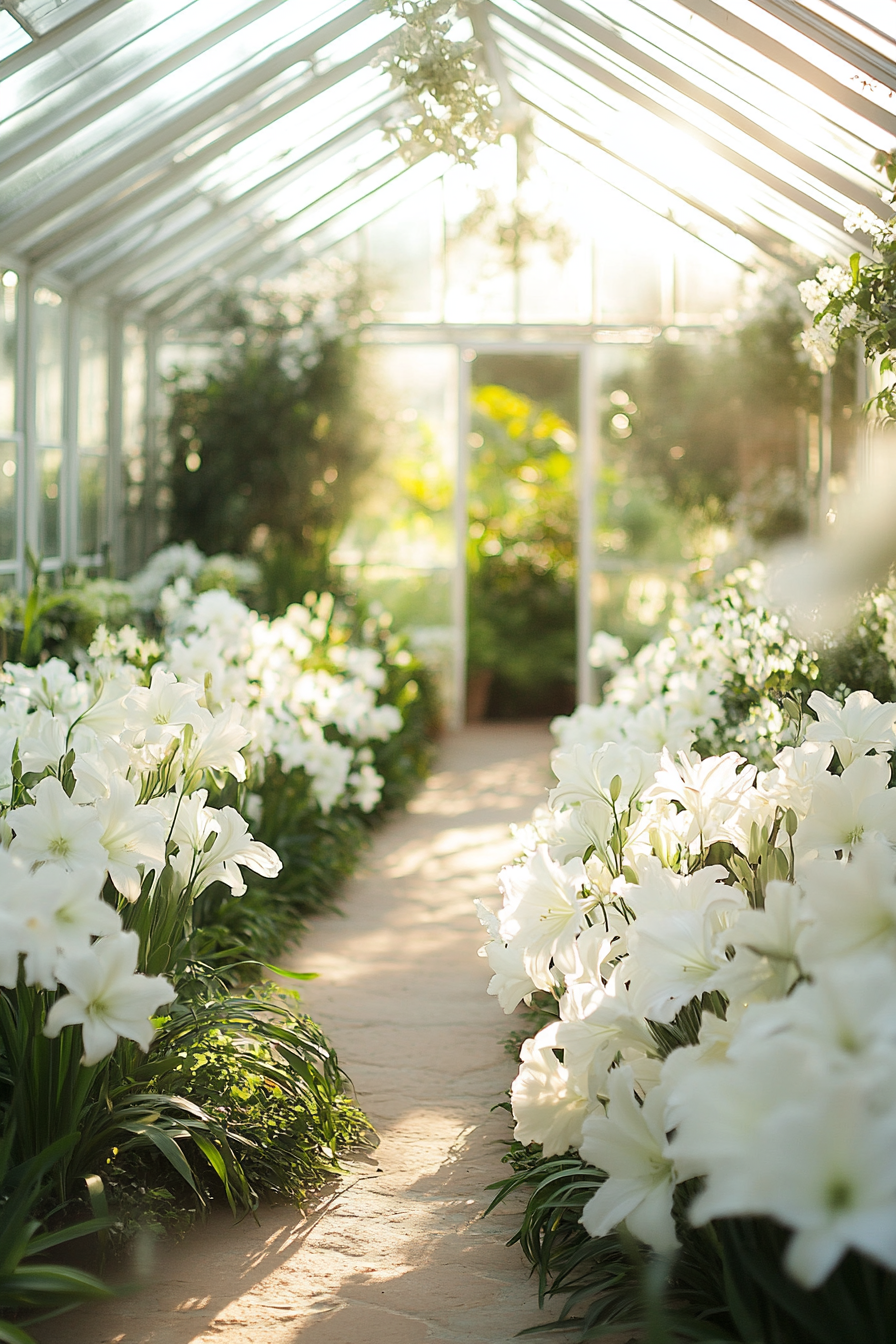 Small wedding venue concept. Garden greenhouse with white lilies.