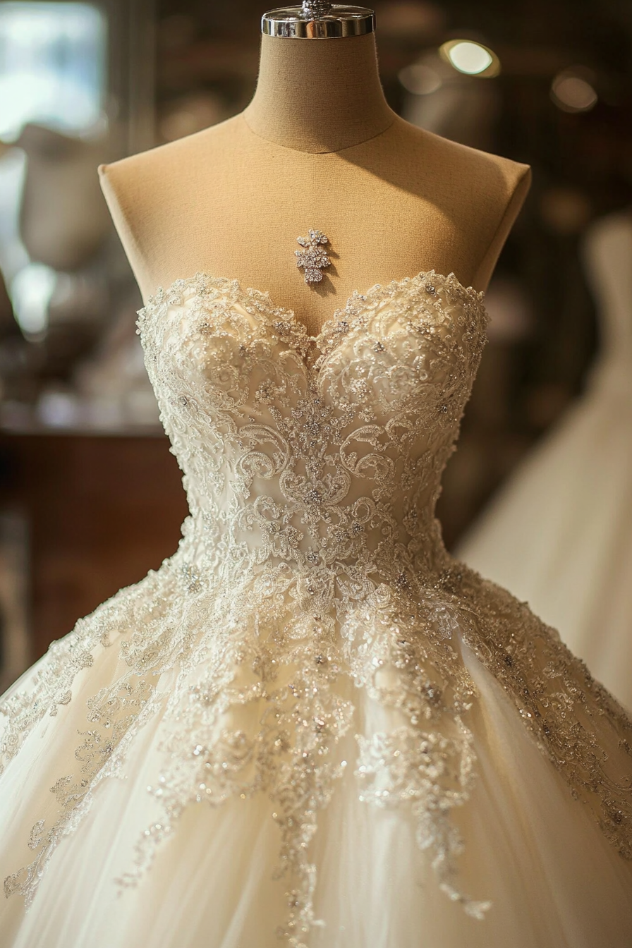 Wedding ballgown. Ivory, floor-length, Jackon lace-crafted glittering tulle with crystal-draped bodice.