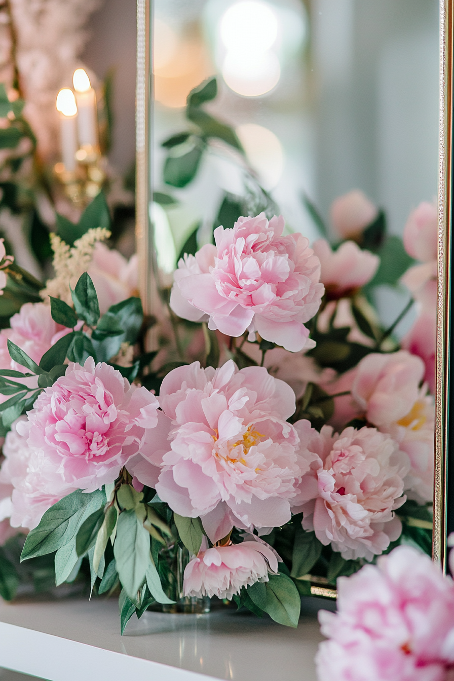 Wedding welcome mirror. Acrylic with pink peonies floating frame.