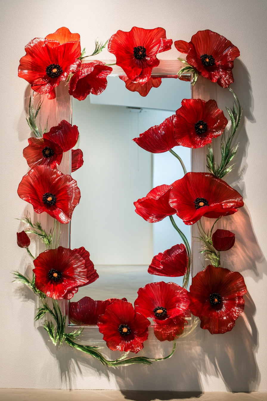 Wedding welcome mirror. Acrylic with floating red poppy frame.