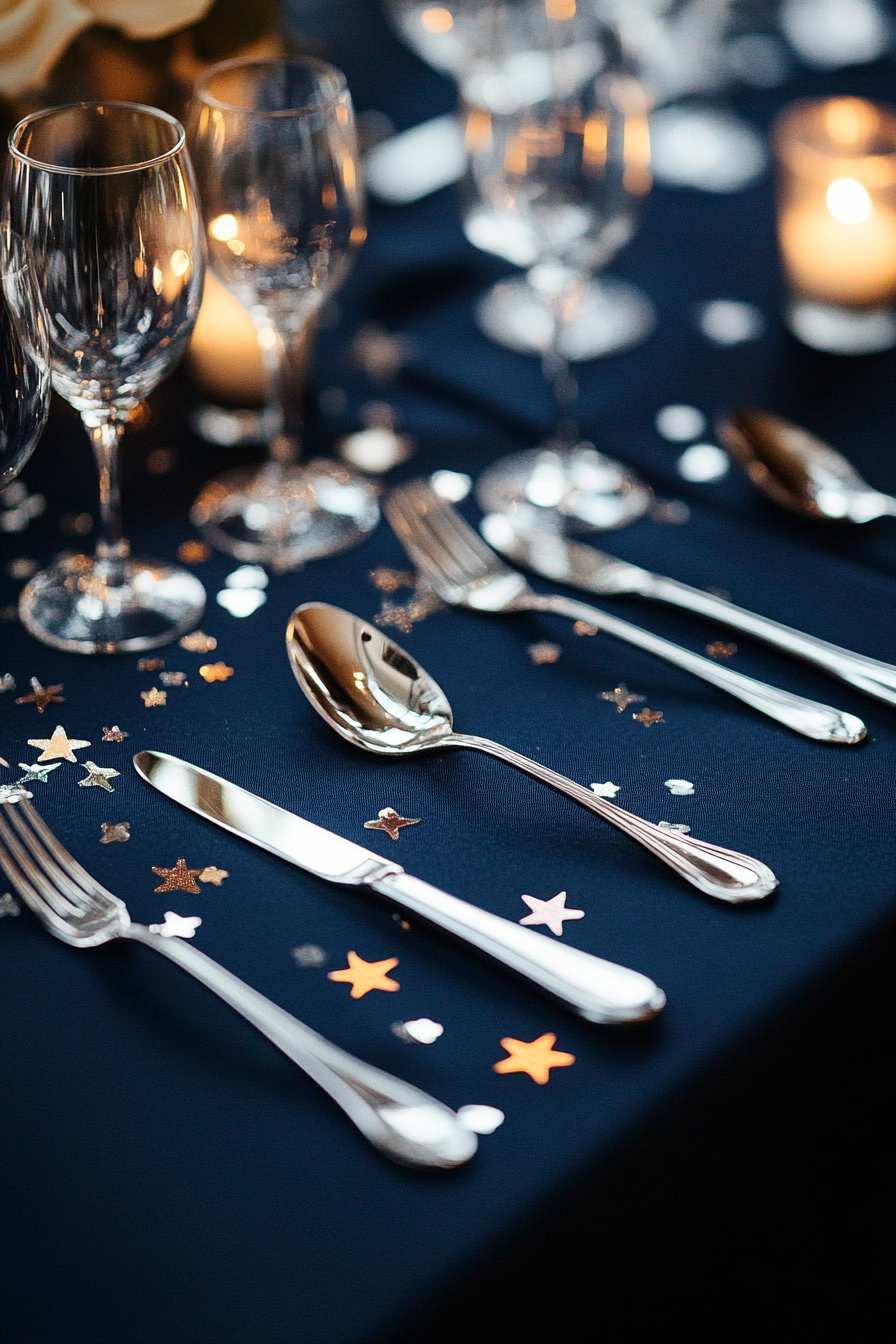 Wedding Table. Silver cutlery, midnight blue tablecloth, and star-shaped confetti.