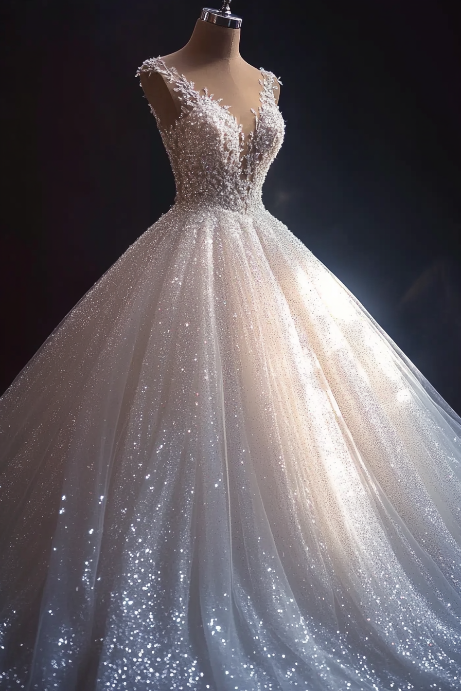 Wedding ballgown. Glittering white tulle with scattered crystal drapes.