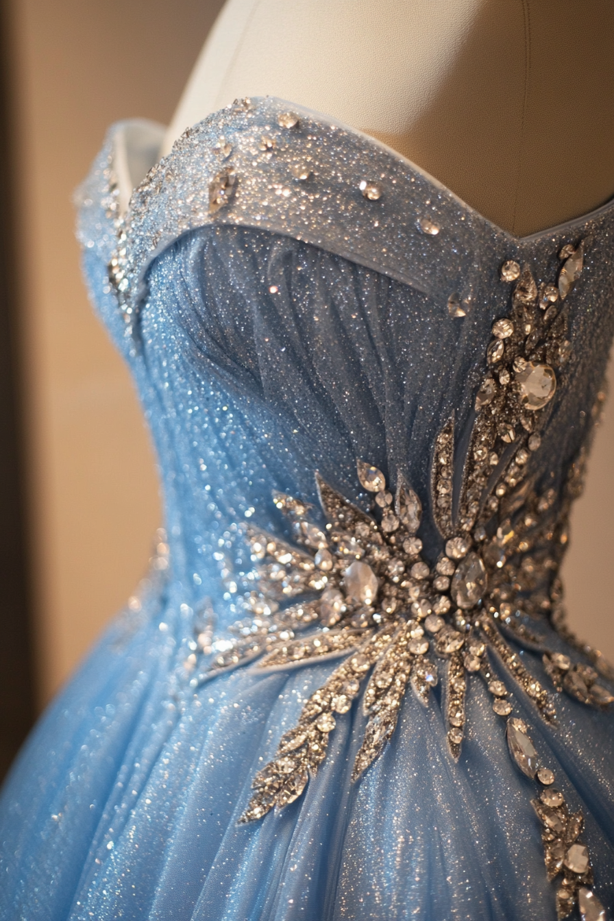 Wedding ballgown. Glacier blue glitter tulle, crystal-draped waist.