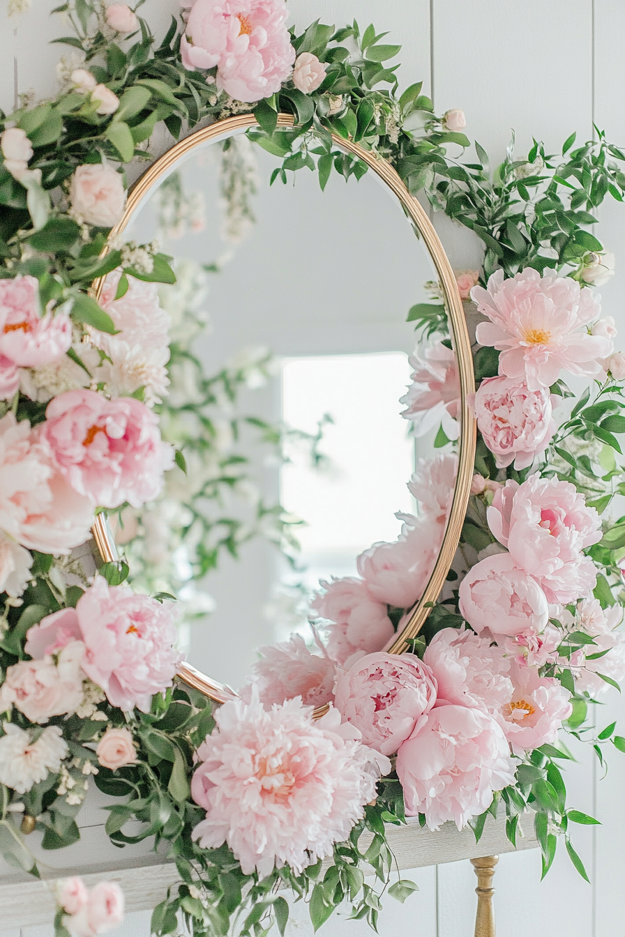 Wedding welcome mirror. Acrylic oval mirror with floating pink peony frame.