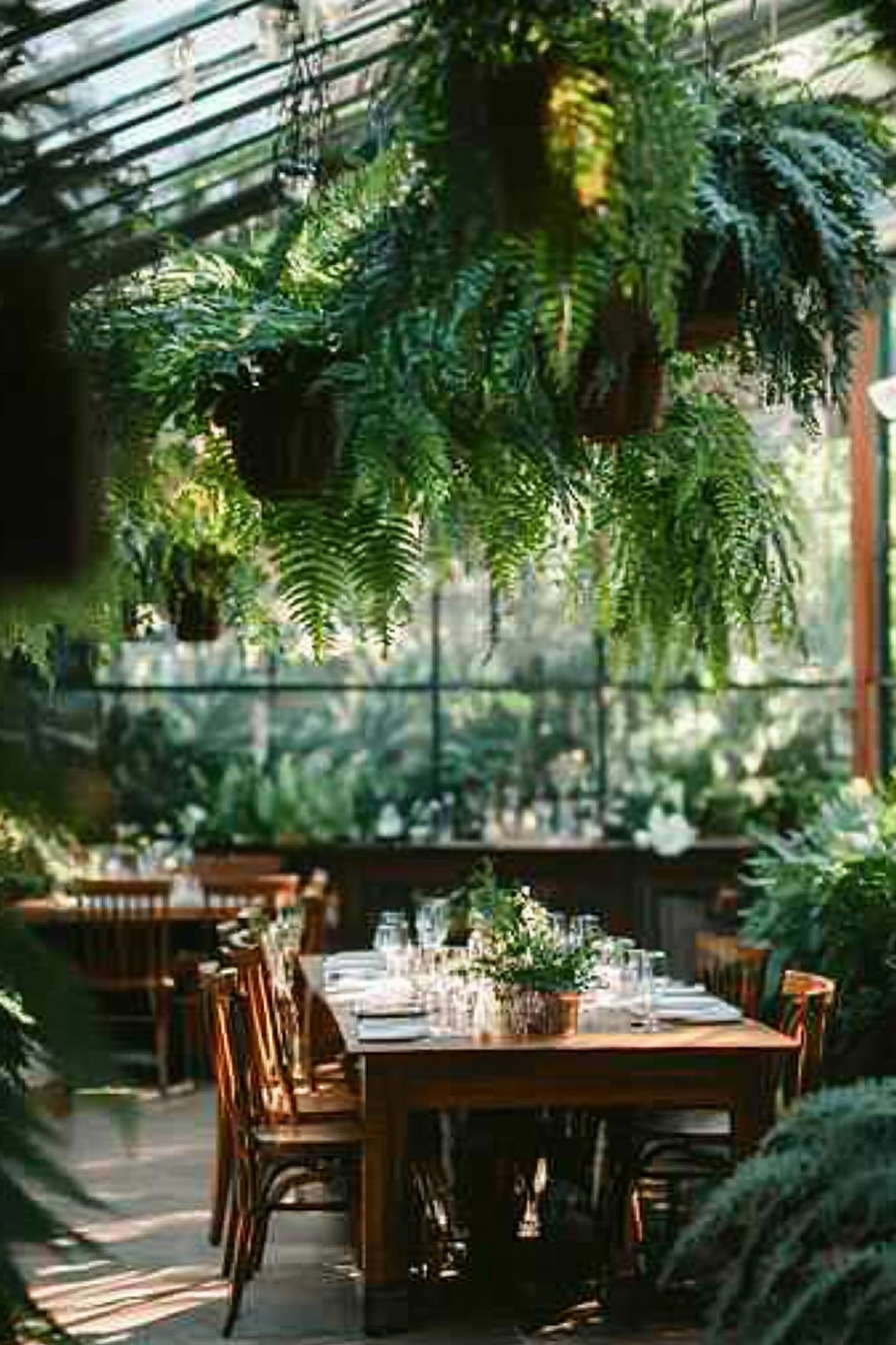 Small wedding venue concept. Greenhouse decorated with hanging ferns.