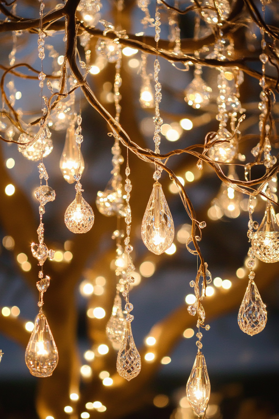 Wedding reception decor. Chandelier adorned with crystal teardrops and twisted vine light canopy.