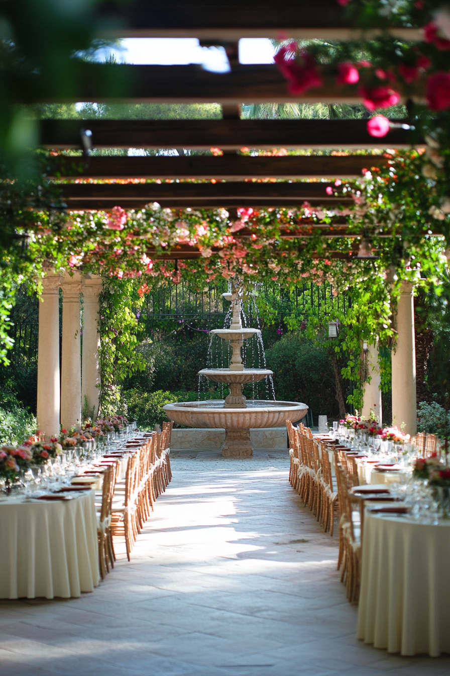 Wedding reception layout. Blooming pergola near Roman-style water fountain