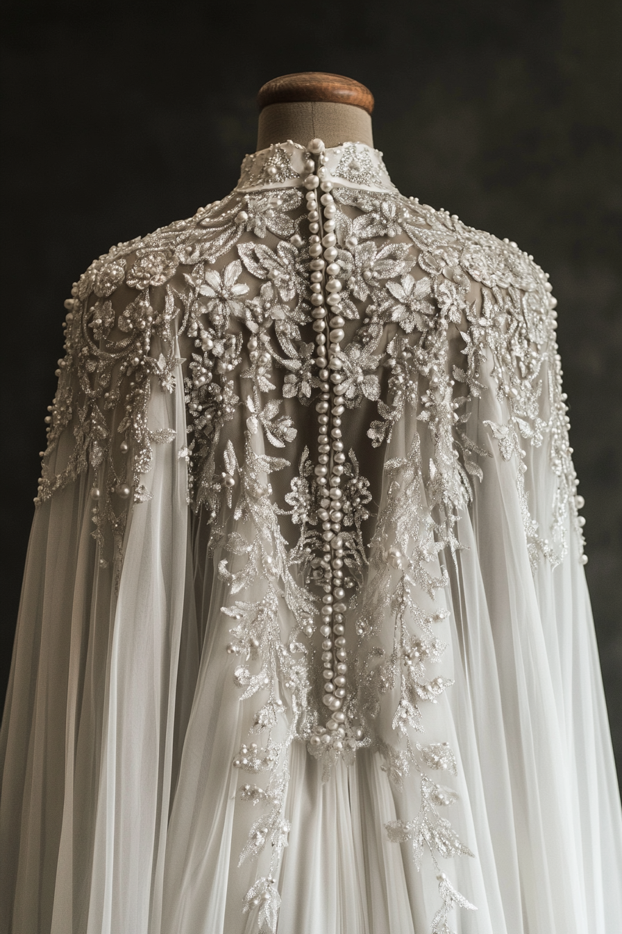 Wedding cape. Shimmering white fabric embellished with pearl-encrusted ice crystal patterns.