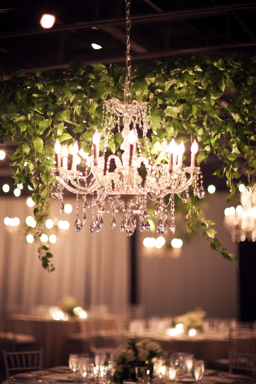 Wedding reception chandelier. Crystal chandeliers with cascading ivy vines.