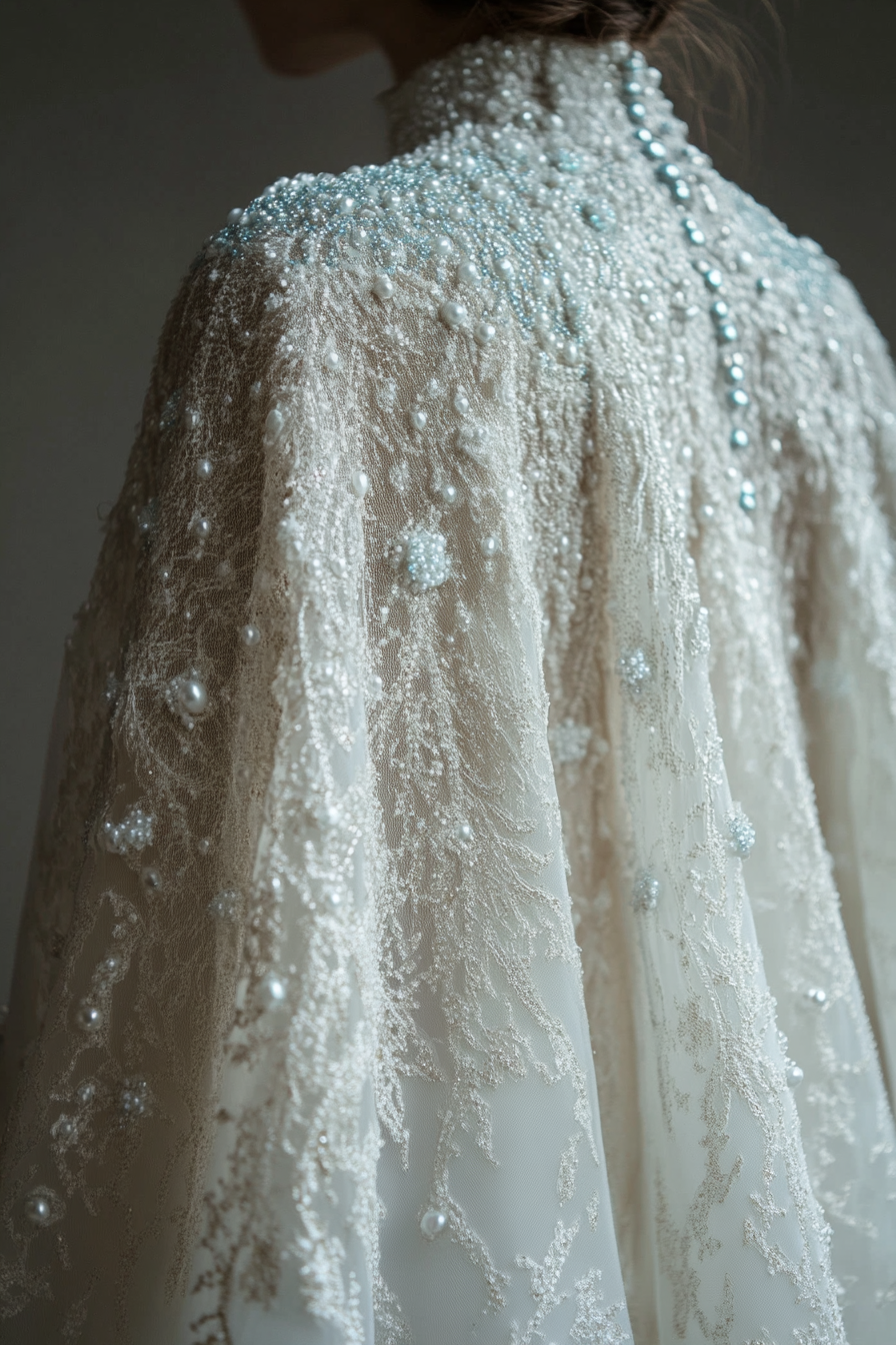 Wedding cape in shimmering white. Ice-blue pearl detailing.