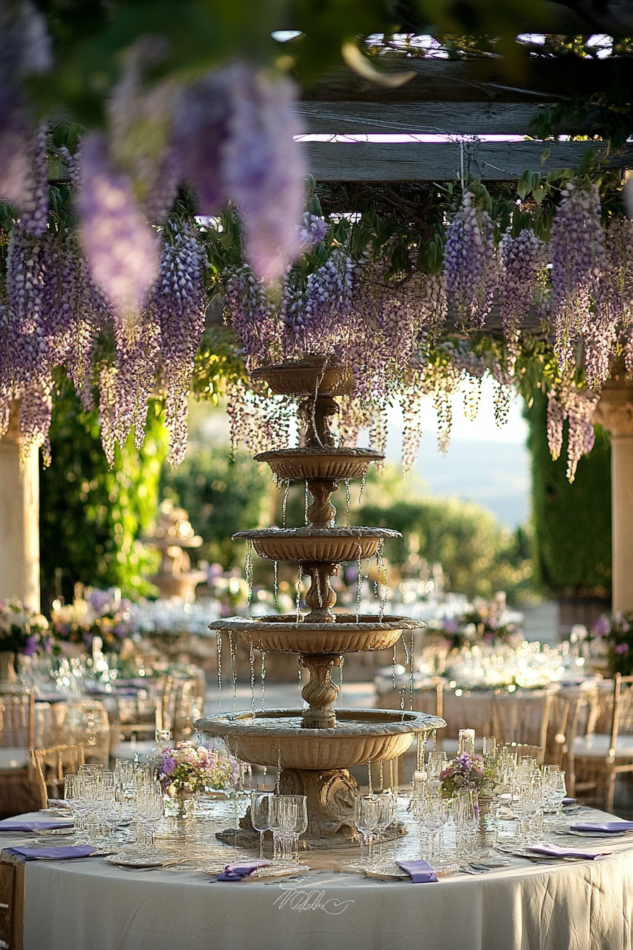 Wedding reception layout. Pergola adorned with wisteria overlooking a three-tiered baroque-styled fountain.