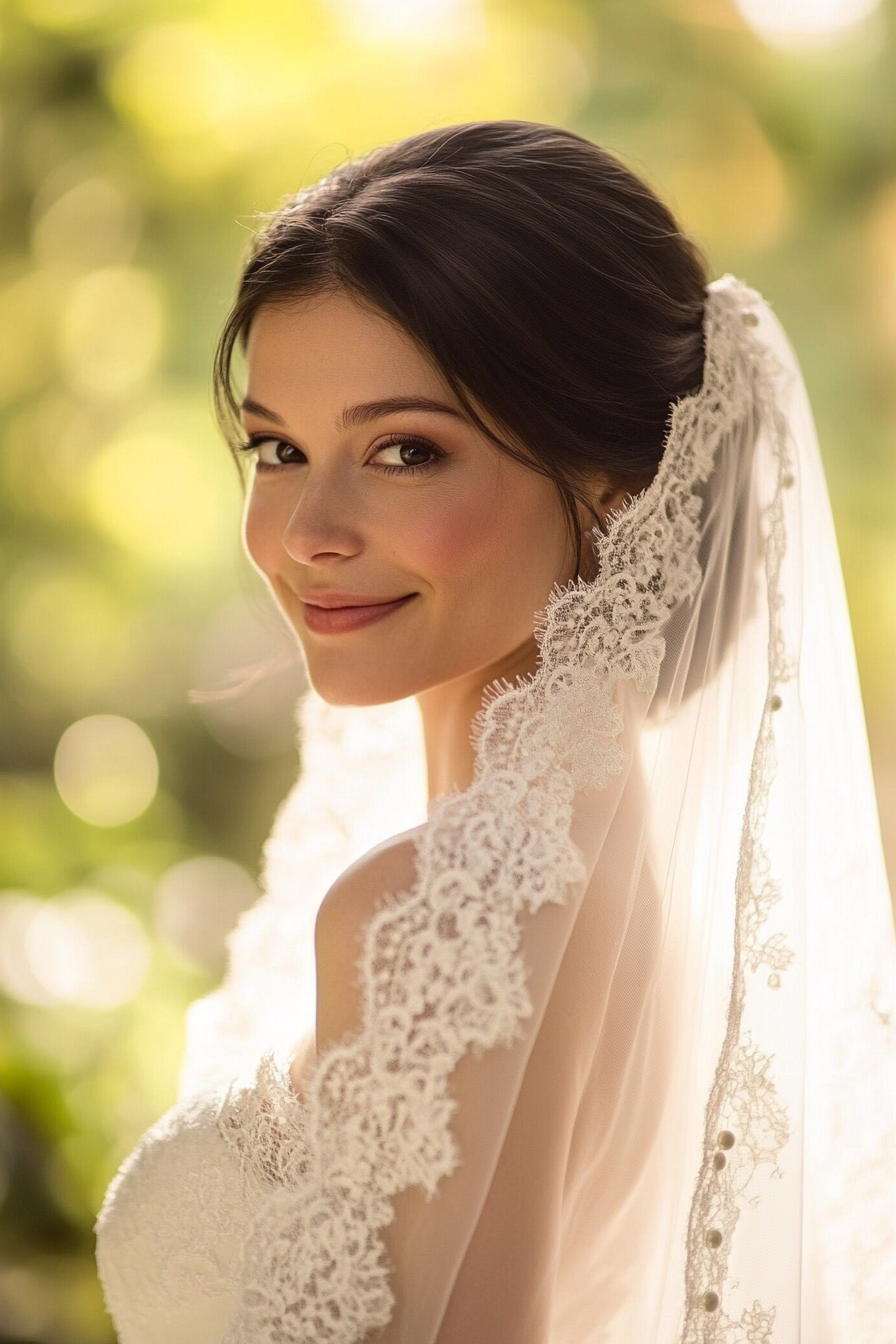 Cathedral length wedding veil. ivory color with pearl-dotted lace edges.