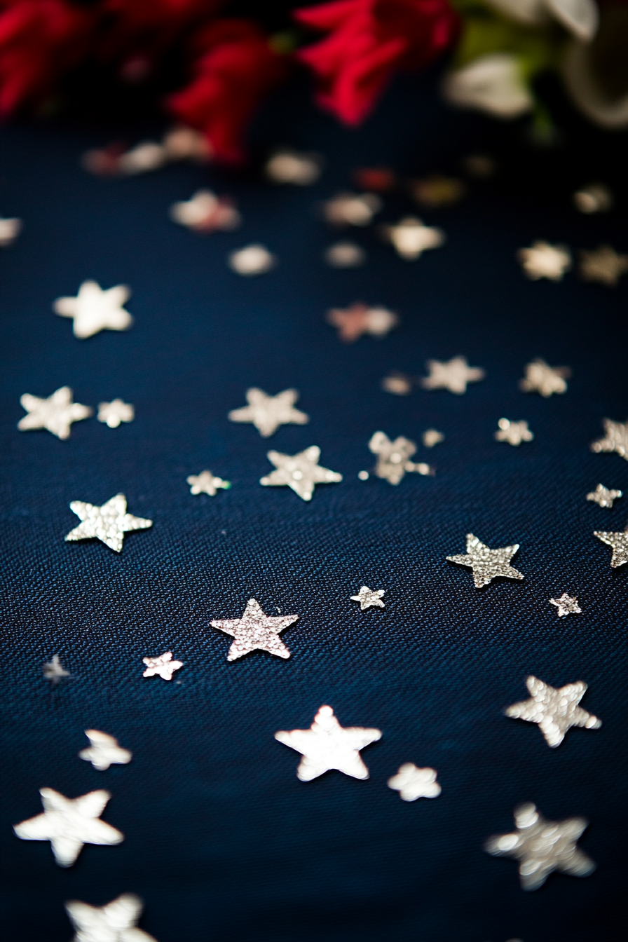 Wedding table. Silver star-shaped confetti on midnight blue tablecloth.