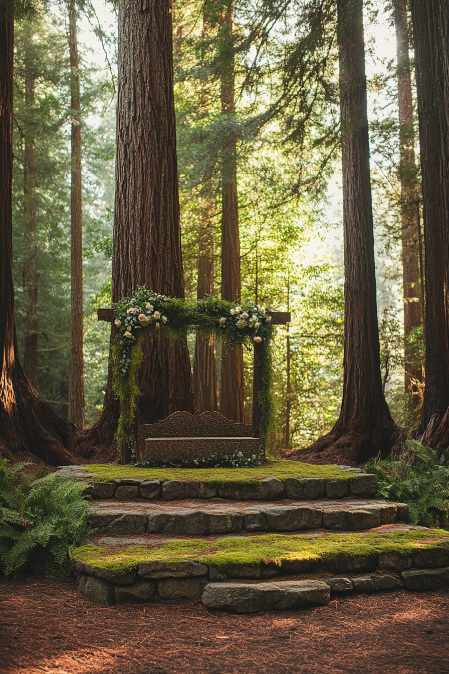 Small wedding venue concept. Moss-covered stone altar nestled in sequoia forest.