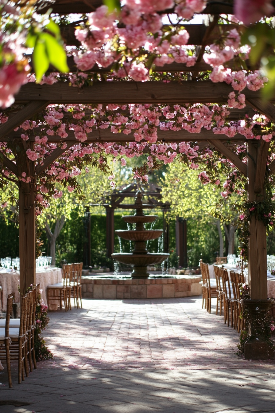 Wedding reception layout. Cherry blossom pergola near a Victorian style fountain.