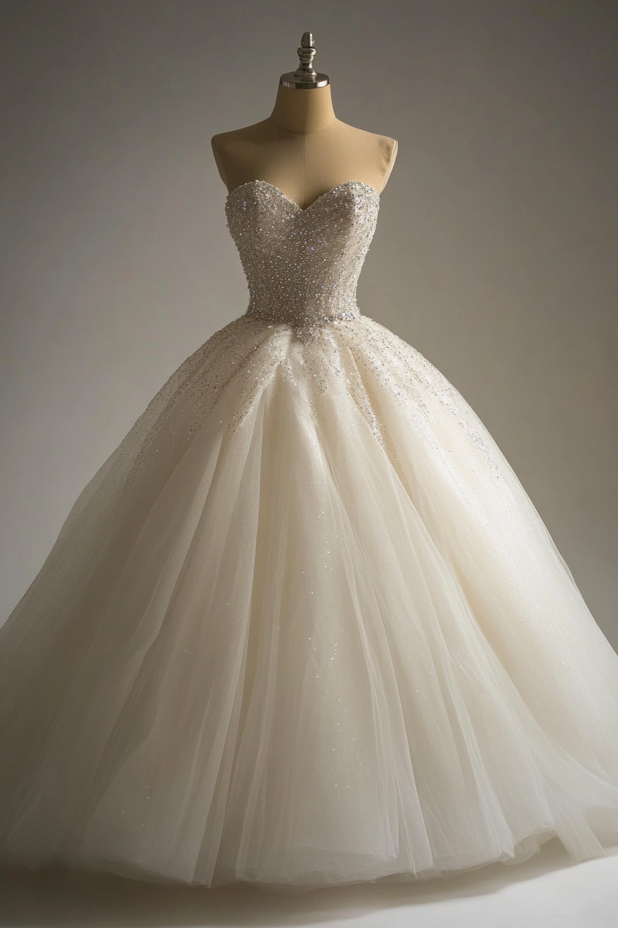 Wedding ballgown. Glittering tulle, sweetheart neckline, crystal-draped waist.