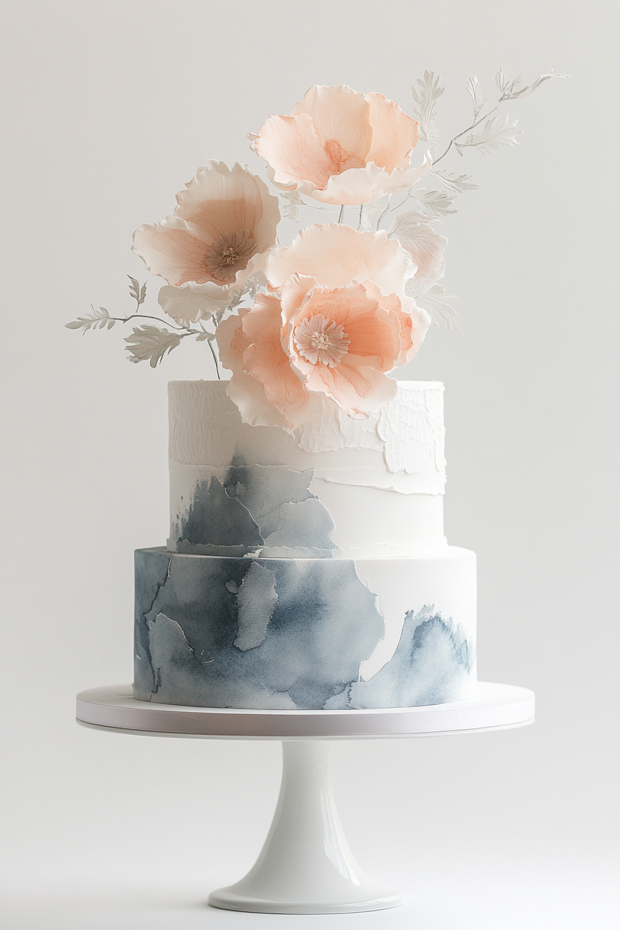 Wedding cake. Pastel floral accents with brushed watercolor details.