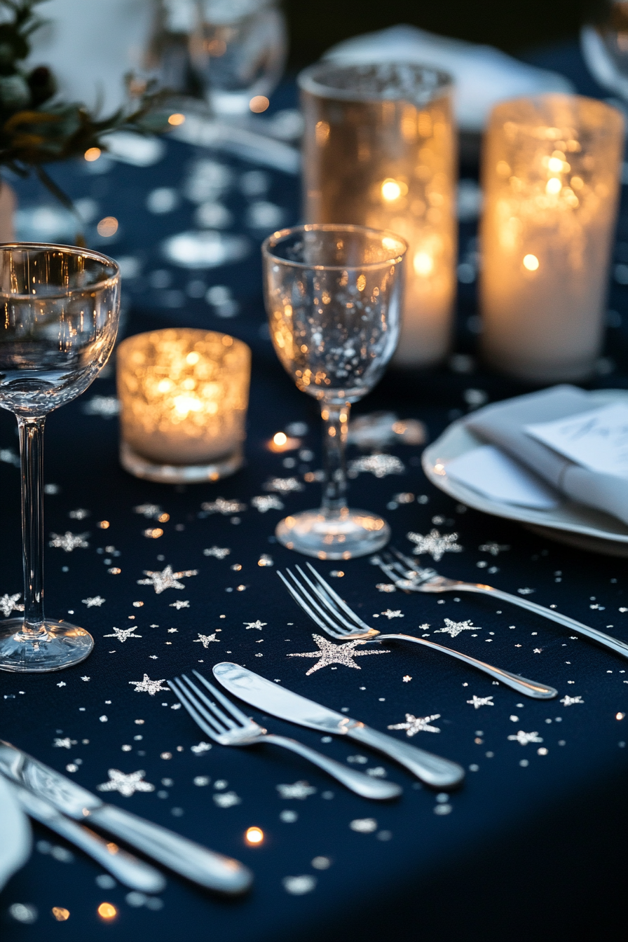 Wedding table. Midnight blue tablecloth with scattered silver stars.