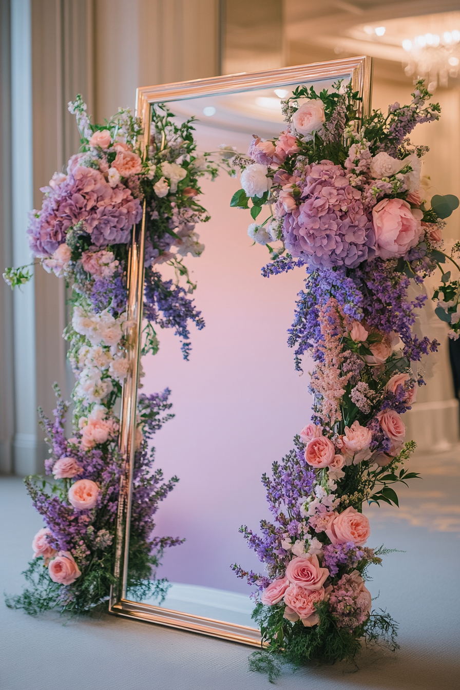 Wedding Welcome Mirror. Acrylic with lavender floated flower frame.