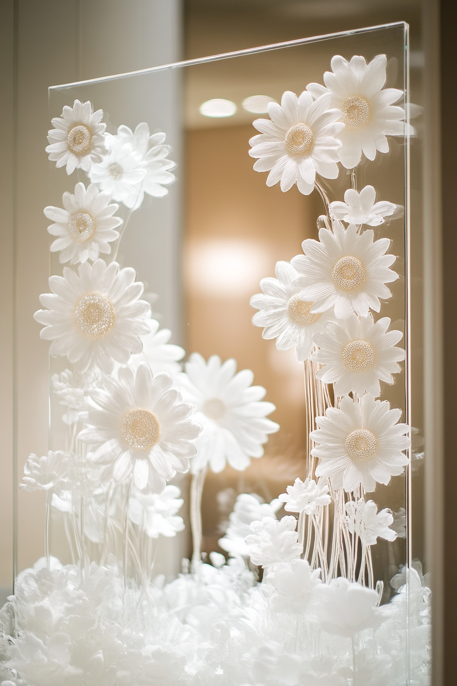 Wedding welcome mirror. Acrylic, floating white daisy frame.