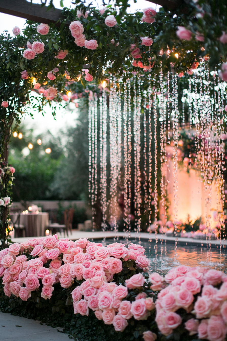 Wedding reception layout. Floating pergolas surrounded by pink roses with cascading fountain backdrop.