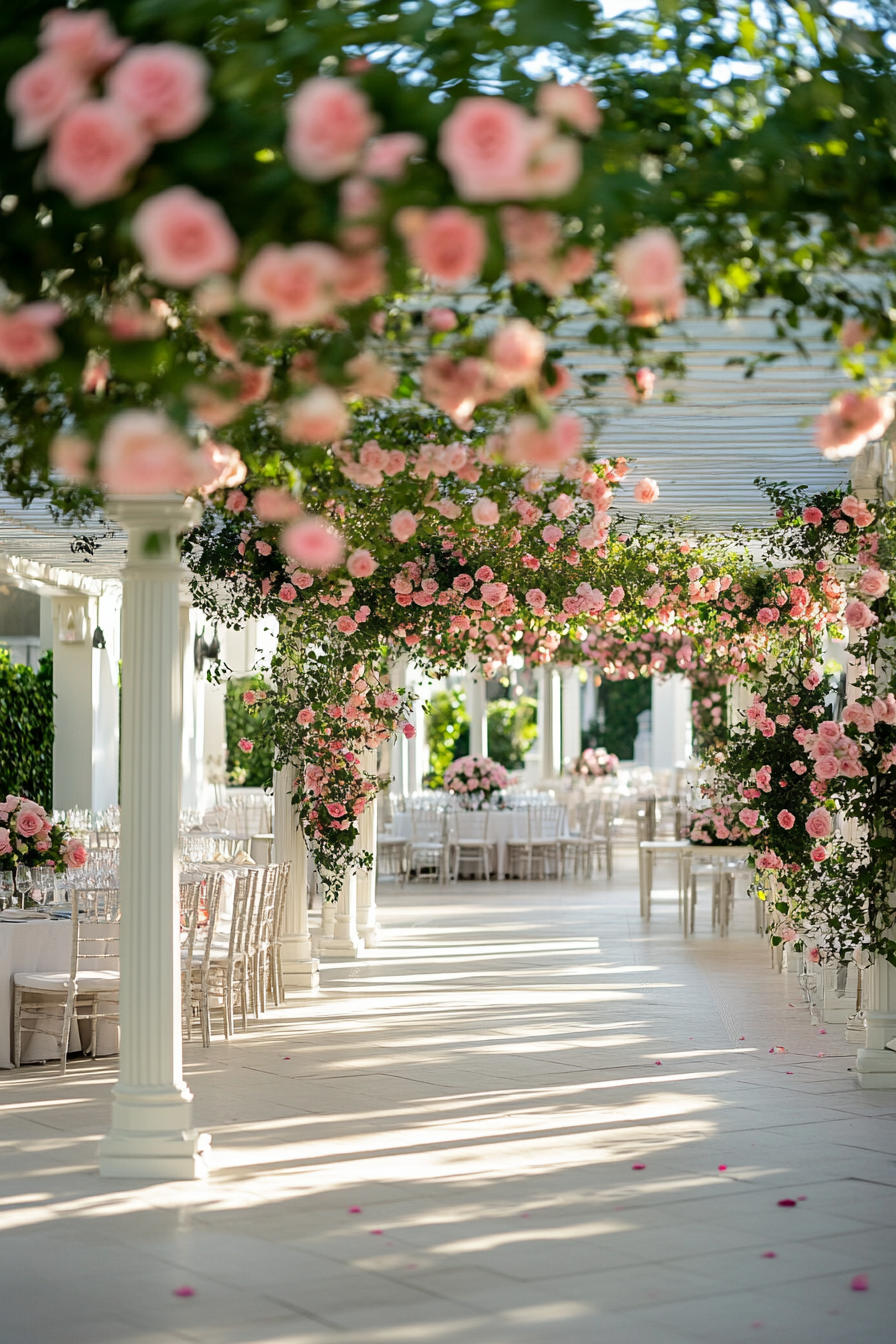 Wedding reception layout. White pergola designed with pink roses, facing fountain.