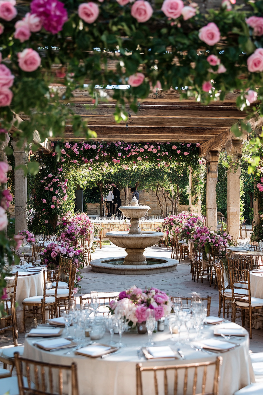 Wedding reception layout. Pink rose pergola surround with central marble fountain view.