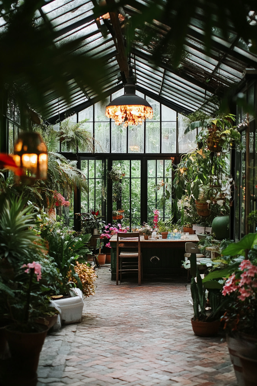 Small wedding venue concept. Old-world greenhouse filled with exotic plants.