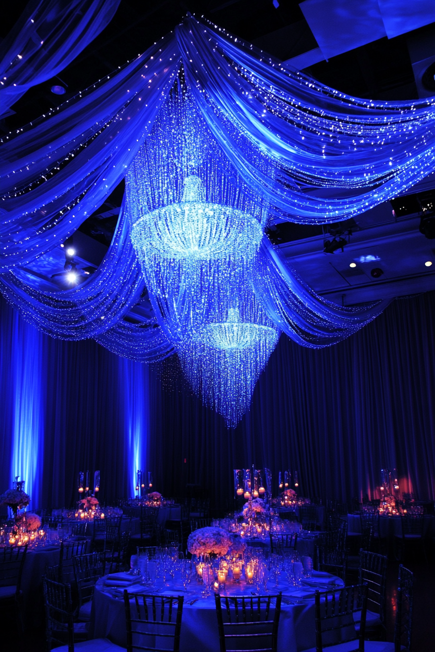 Wedding reception lighting. Crystal chandelier entwined with luminous vine canopy.