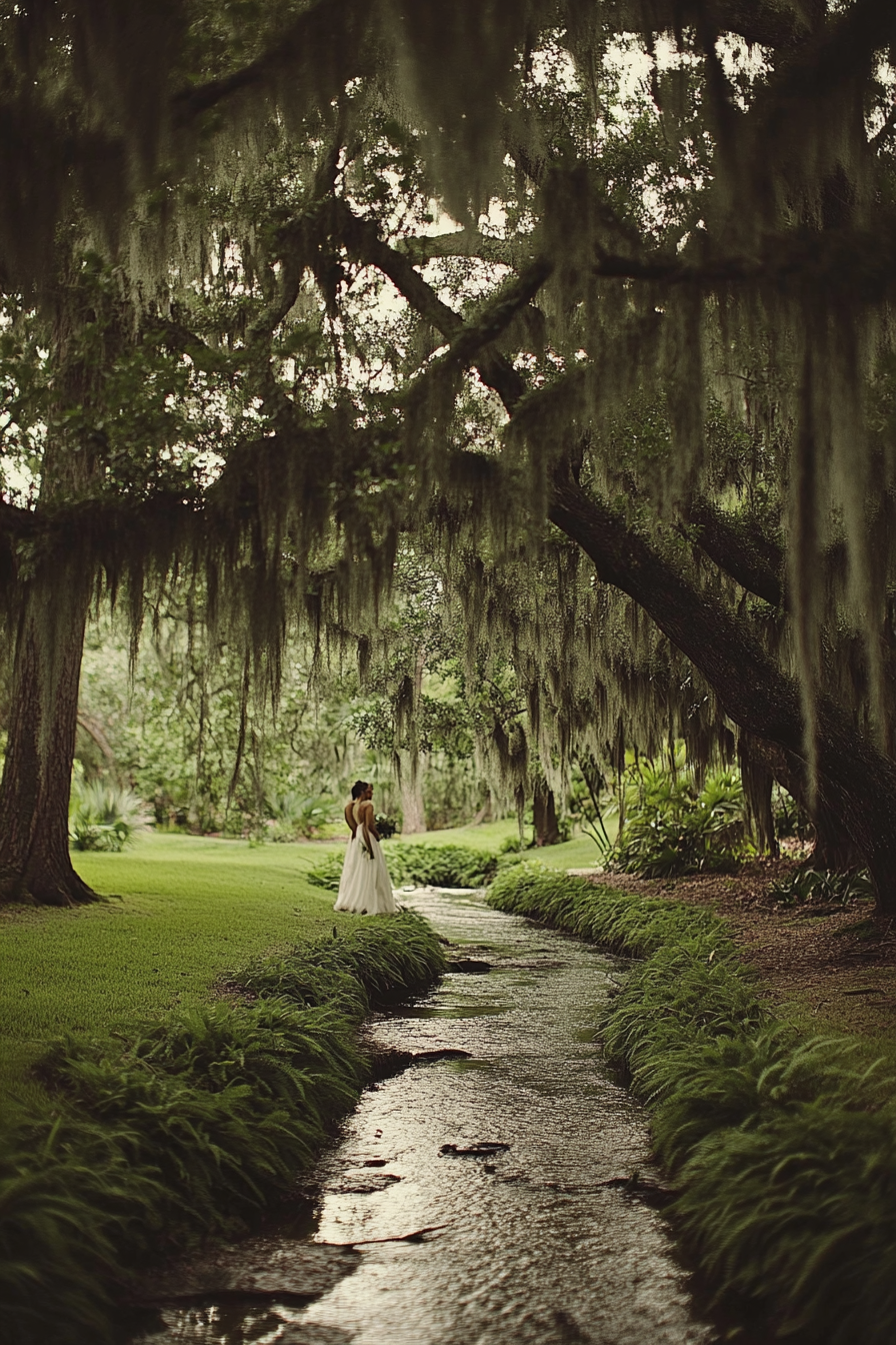 Small wedding venue concept. Grove of moss-laden trees by a gentle creek.