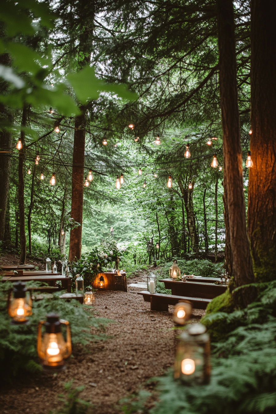 Small wedding venue concept. Forest grove with hanging lanterns.