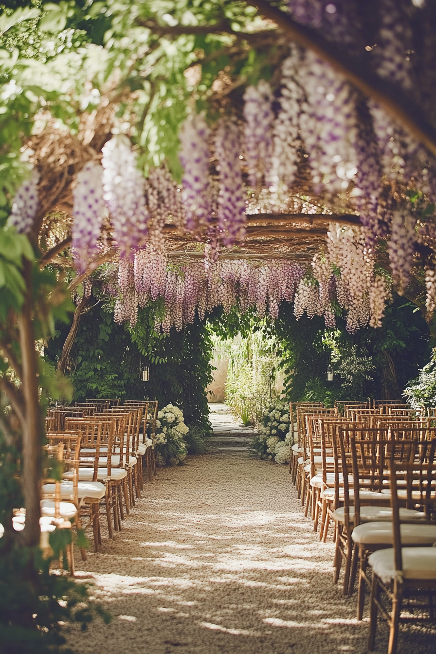 Small wedding venue concept. Organic garden with hanging wisteria blooms.