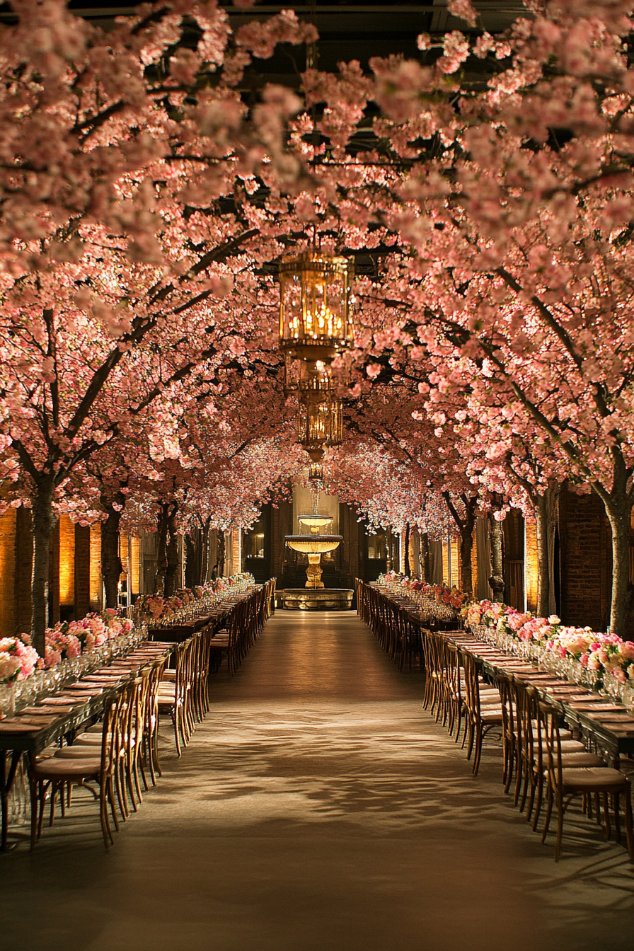 Wedding reception layout. Cherry blossom pergola with gilt fountain backdrop.